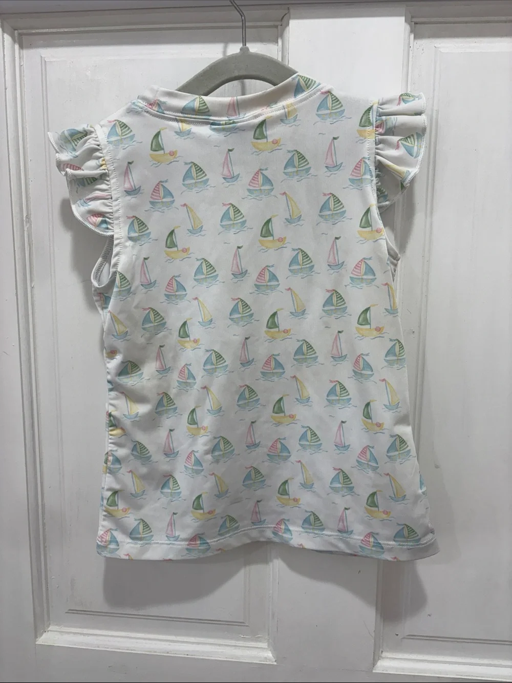 Girls' White Sailboat Print Ruffle Swim Top
